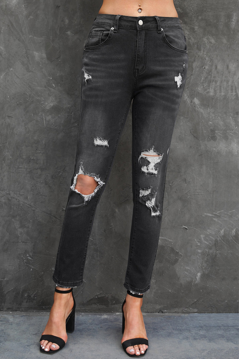 Distressed Holes Straight Jeans