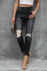 Distressed Raw Hem Button Mid Waist Jeans