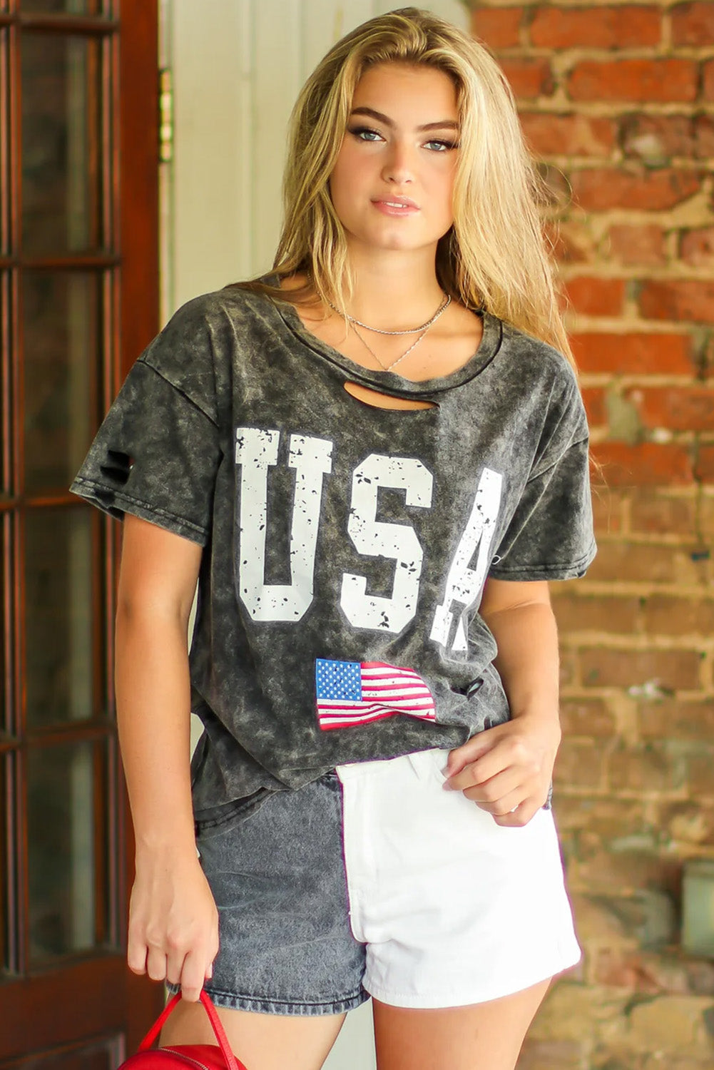 Distressed Tie-dye USA Flag Print T-shirt