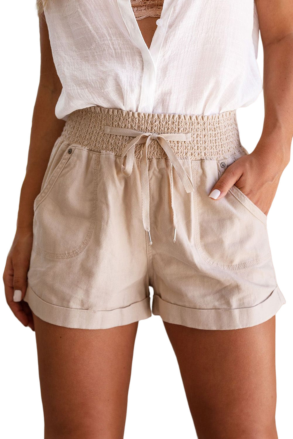 Drawstring Shirred High Waist Casual Shorts