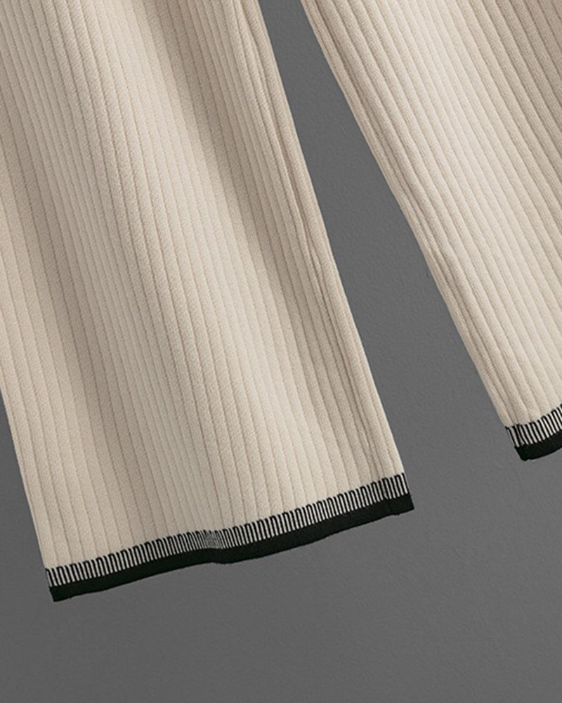 Casual Two Piece Set Contrast Color Sweater Top & Wide Leg Pants
