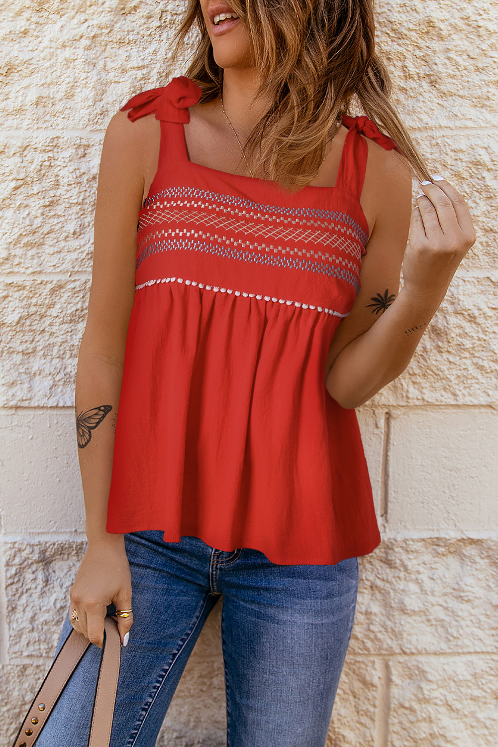 Embroidered Babydoll Tie Strap Tank Top