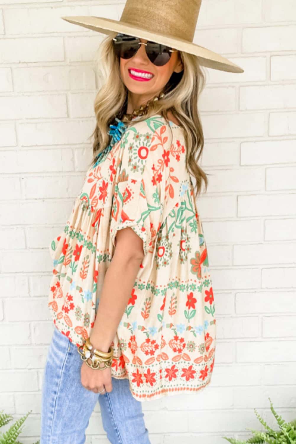Ethnic Floral Print Rolled Sleeve Babydoll Top