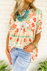 Ethnic Floral Print Rolled Sleeve Babydoll Top