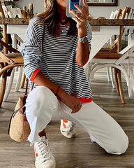 Casual V-Neck Long-Sleeve Knit T-Shirt Stripe Color Block Knit Tops