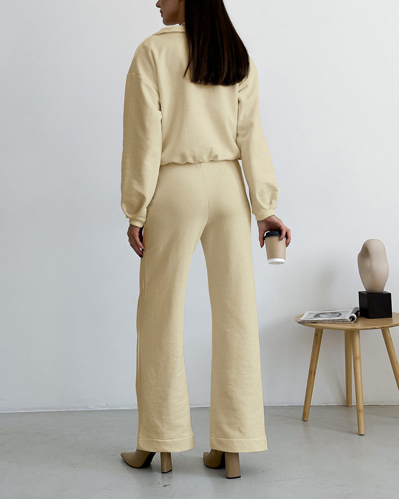 Casual Two-Piece Set V-neck Fleece Sweatshirt High-waisted Wide-leg Pants
