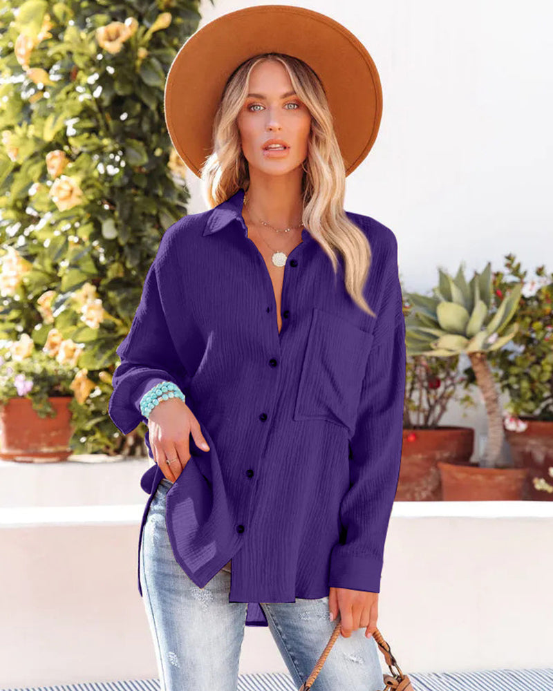 Crinkle Crepe Casual Top Button-Down Long Sleeve Shirt Loose Blouse with Pocket