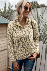 Family Matching Mom¡®s Leopard Quarter Zip Fleece Sweatshirt