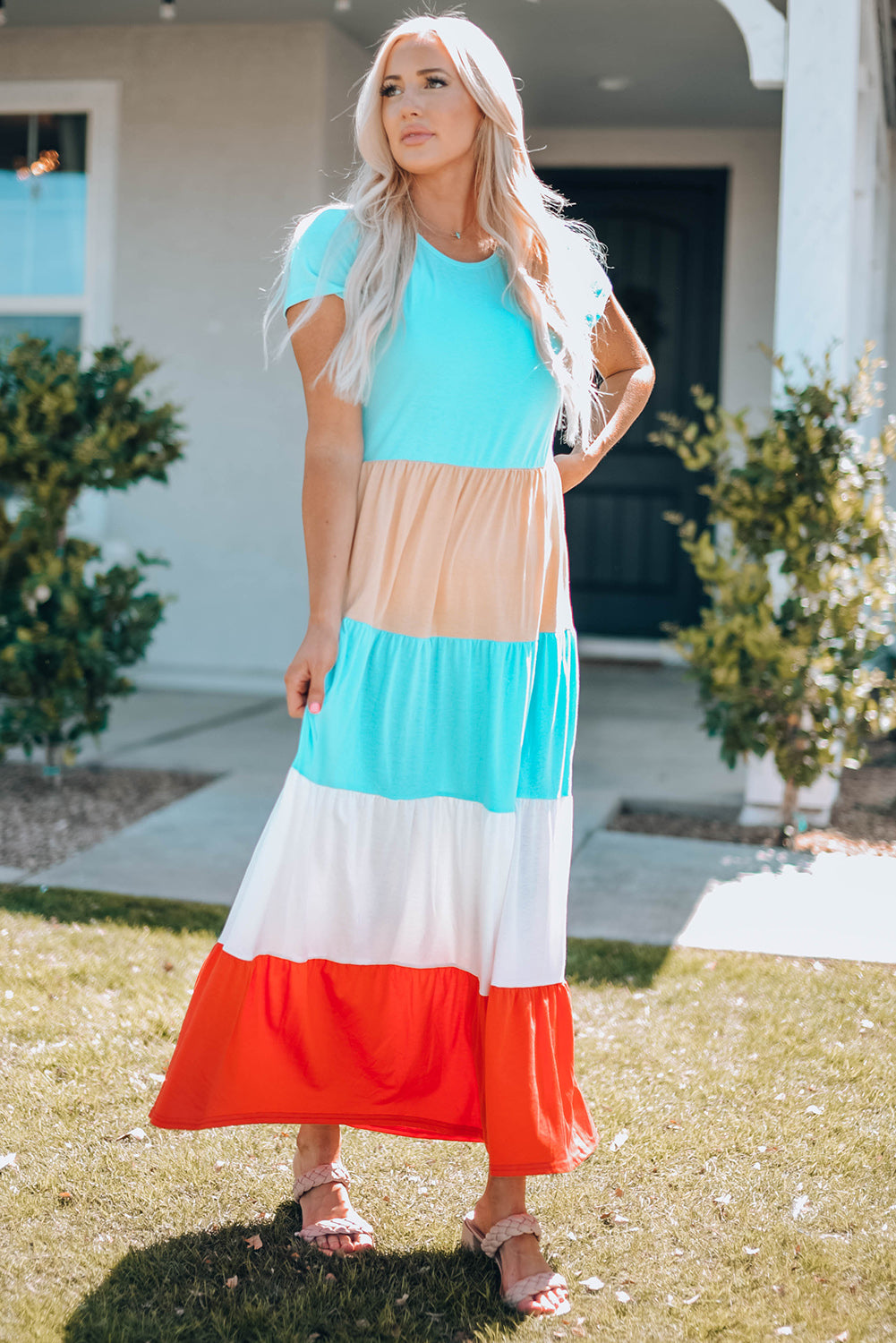 Family Matching Short Sleeve Color Block Adult Maxi Dress