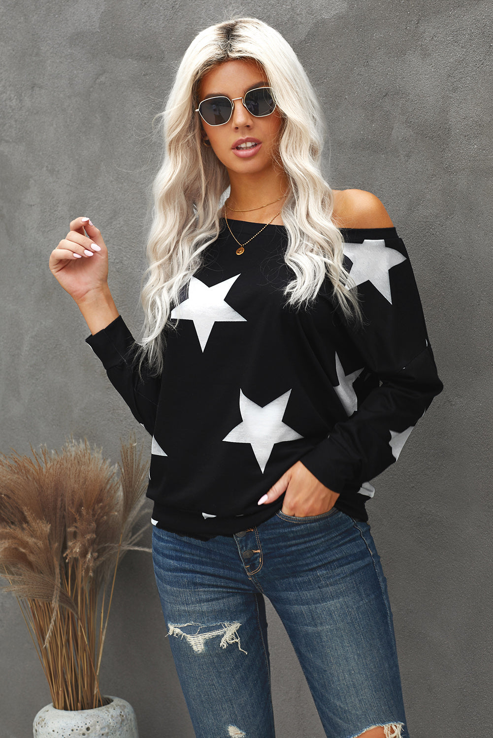 Fashion Five-Pointed Star Print Round Neck Sweatshirt