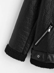 Faux Leather Zippered Pockets Faux Shearling Coat