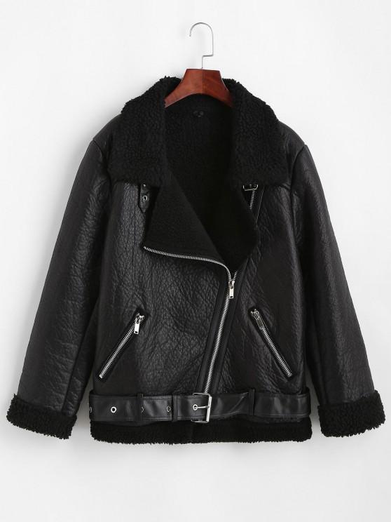Faux Leather Zippered Pockets Faux Shearling Coat