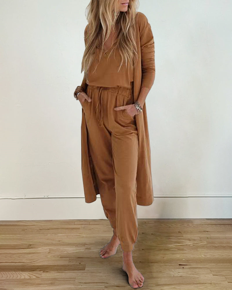 Casual Two Piece Set Sleeveless Jumpsuit and Cardigan Set