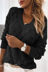Feather Hollowed-Out V-Neck Long Sleeve Knitted Sweater