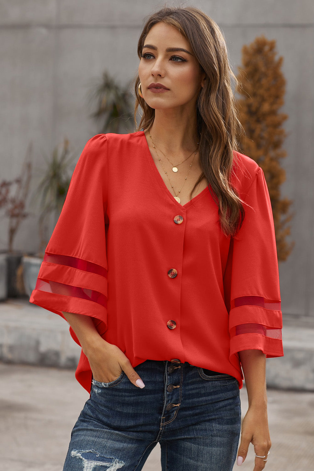 Flare Sleeve V Neck Button Down Blouse