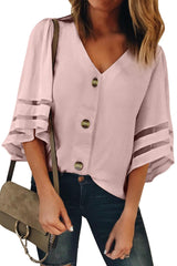 Flare Sleeve V Neck Button Down Blouse