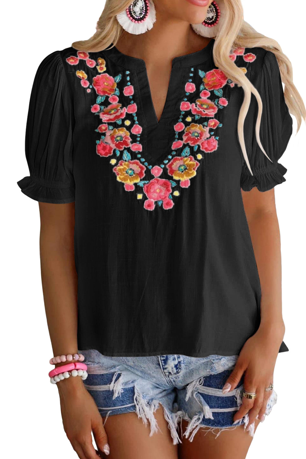 Floral Embroidered Ruffled Puff Sleeve Blouse