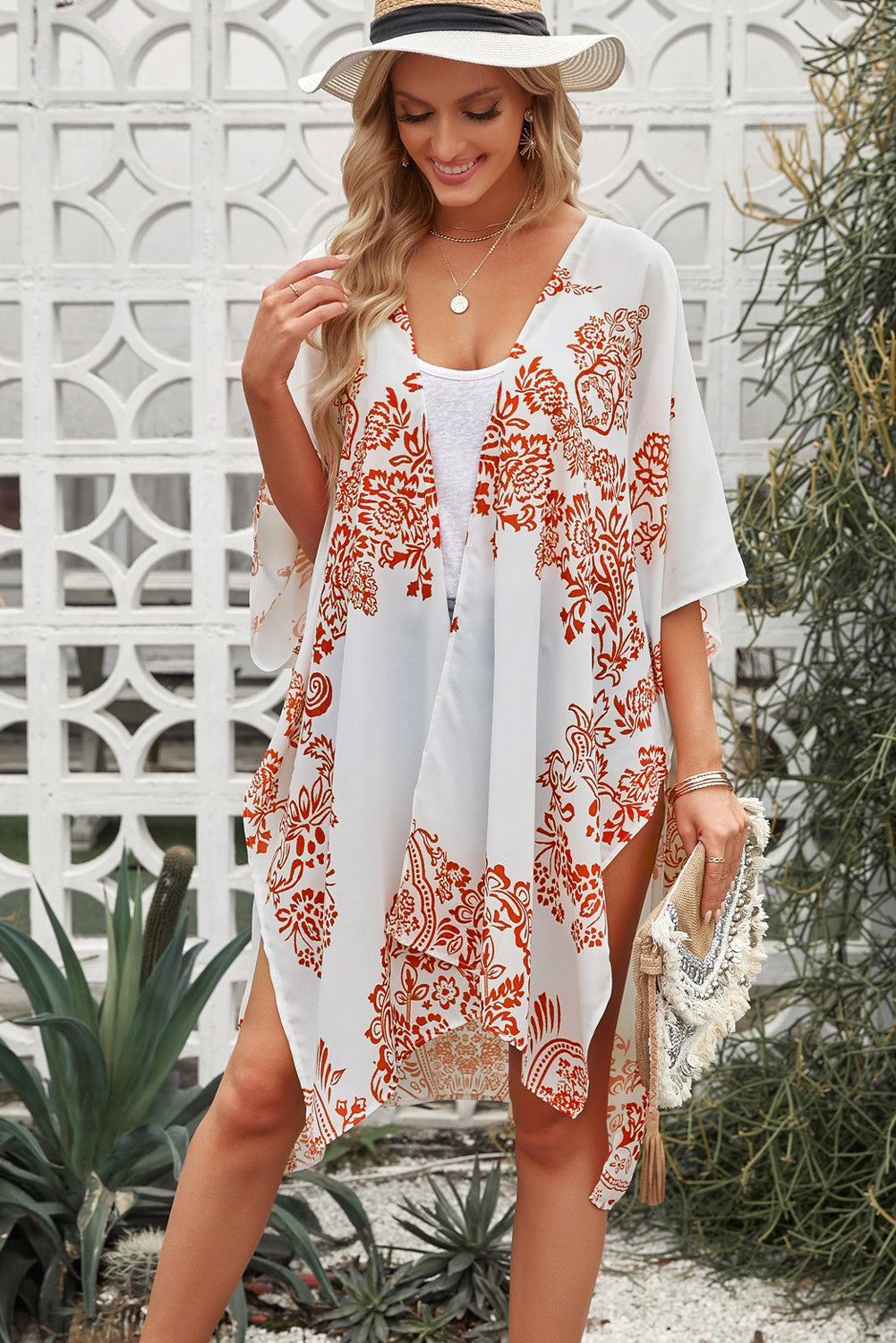 Floral Mid-Length Side Slits Chiffon Cover Up