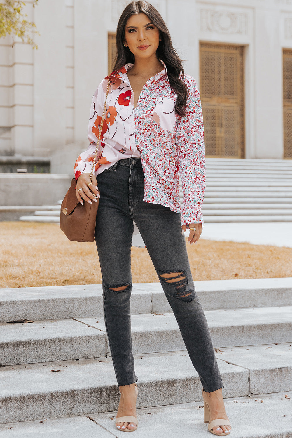 Floral Patchwork Buttoned Shirt With Pocket