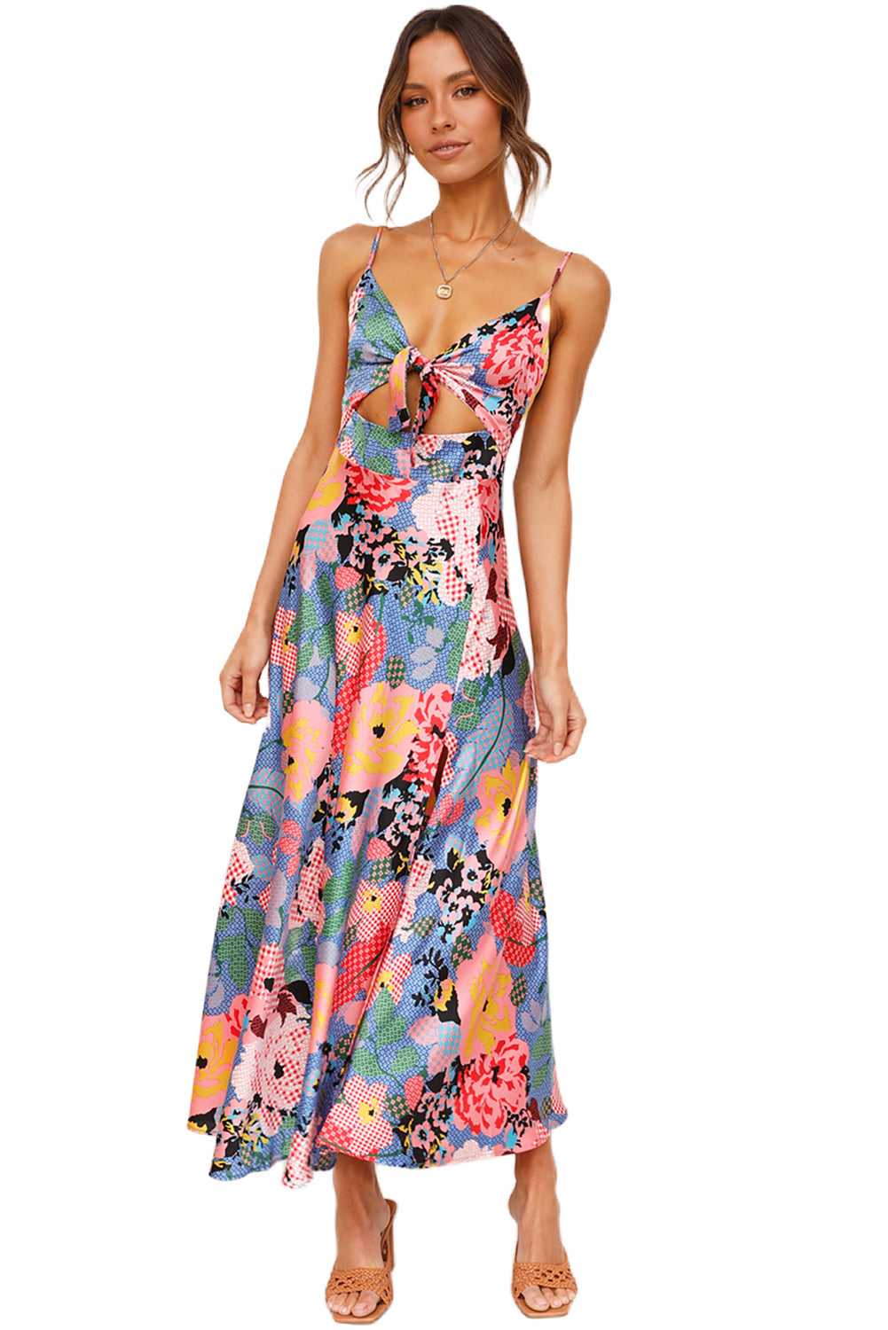 Floral Print Bust Knot Long Dress With Slit
