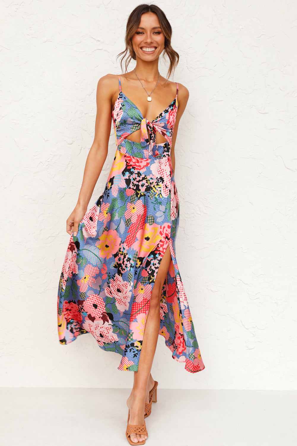 Floral Print Bust Knot Long Dress With Slit