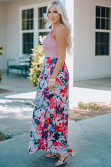 Floral Print Color Block Sleeveless Maxi Dress With Pockets