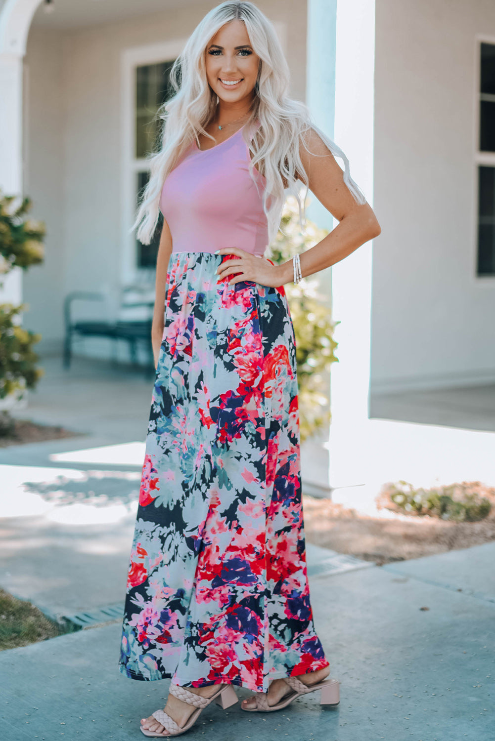 Floral Print Color Block Sleeveless Maxi Dress With Pockets