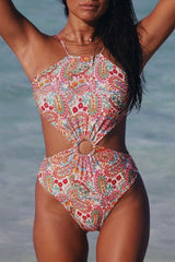 Floral Print O-ring Lace-up Backless One Piece Swimsuit