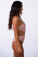 Floral Print O-ring Lace-up Backless One Piece Swimsuit