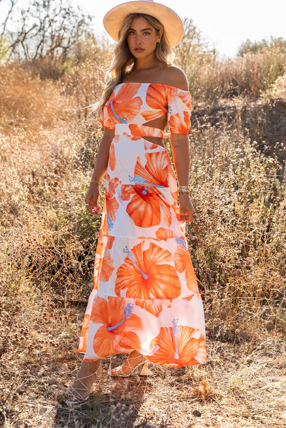 Floral Print Off Shoulder Backless Maxi Dress