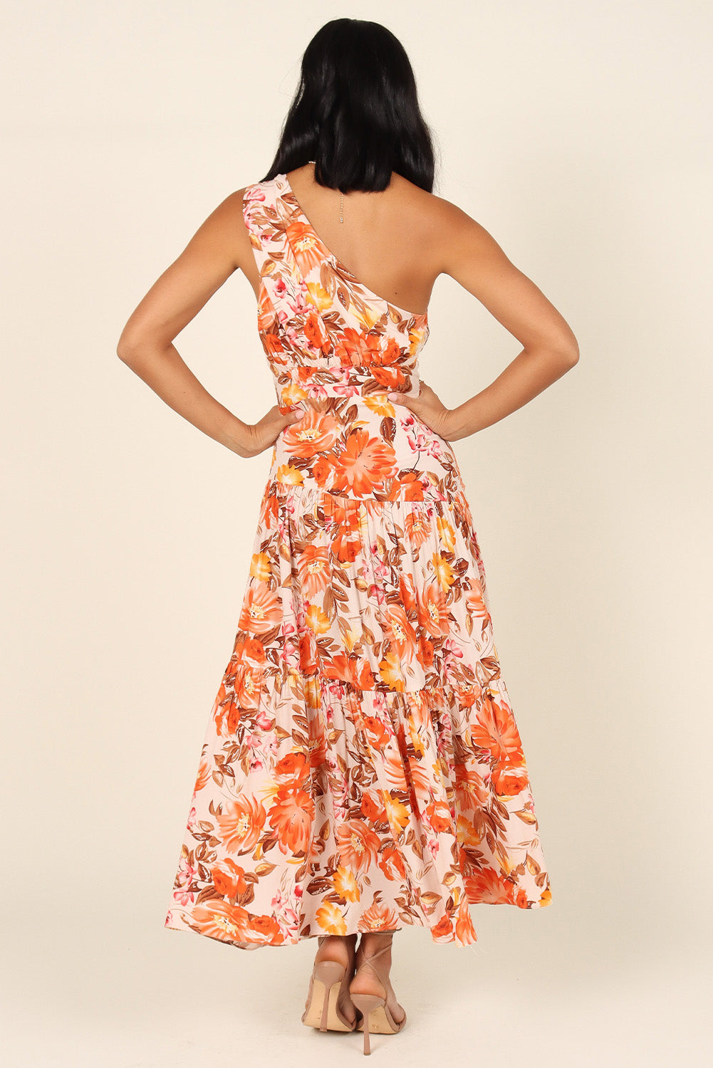 Floral Print Pleated One Shoulder High Waist Maxi Dress