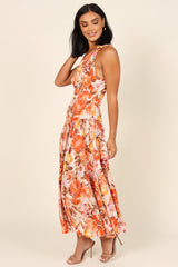 Floral Print Pleated One Shoulder High Waist Maxi Dress