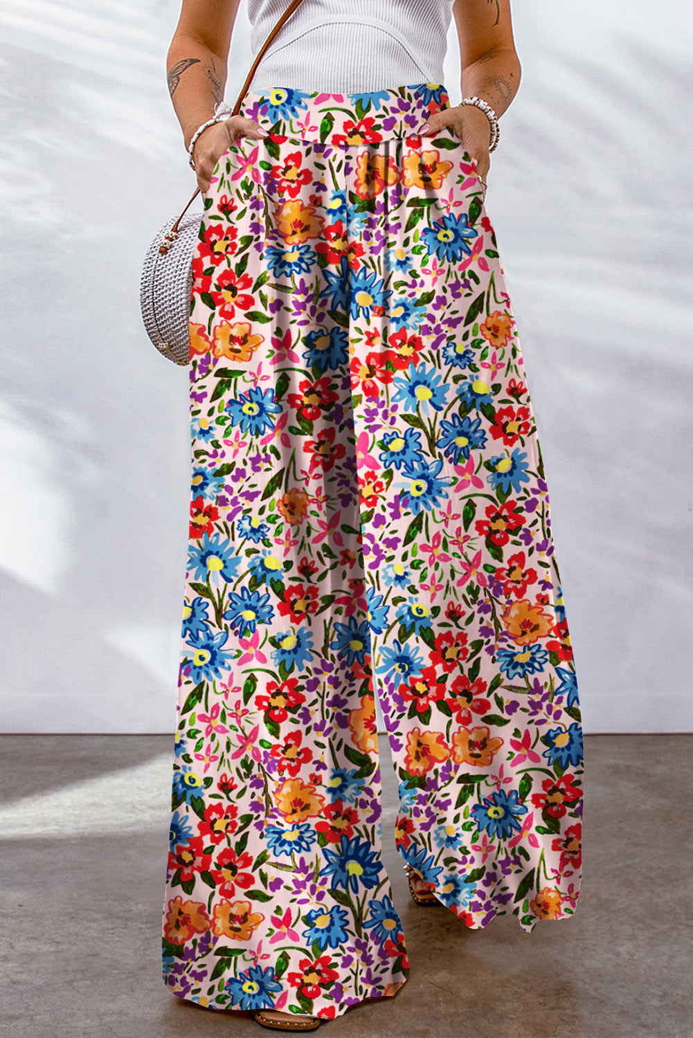 Floral Print Pocketed Wide Leg Oversized Pants