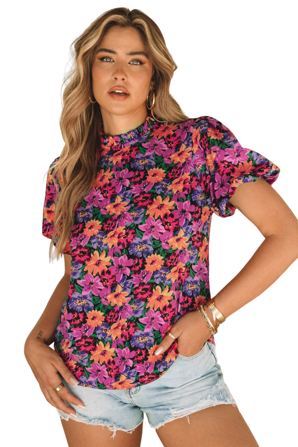 Floral Print Round Neck Puff Sleeve Blouse