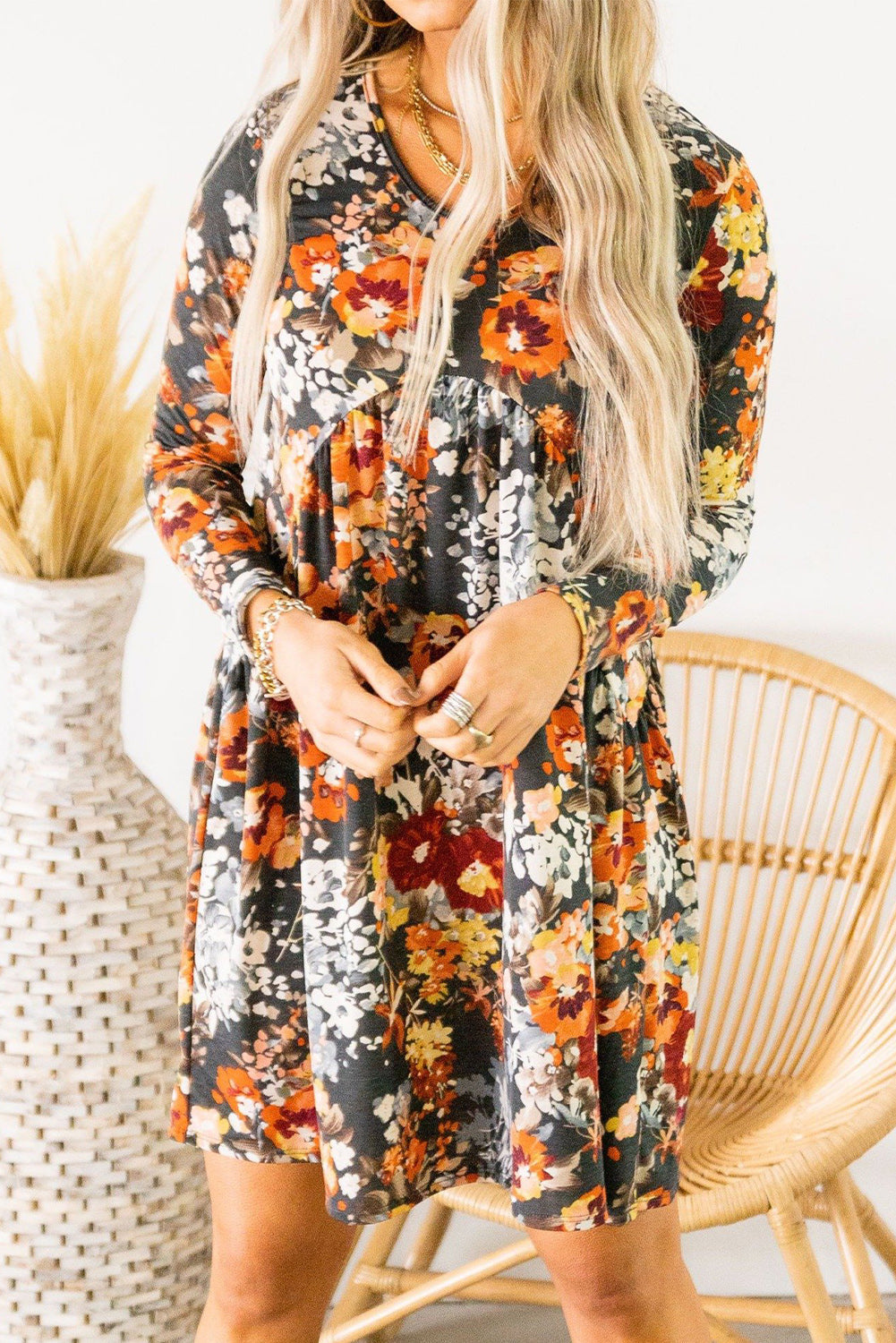 Floral Print Ruched Long Sleeve Dress