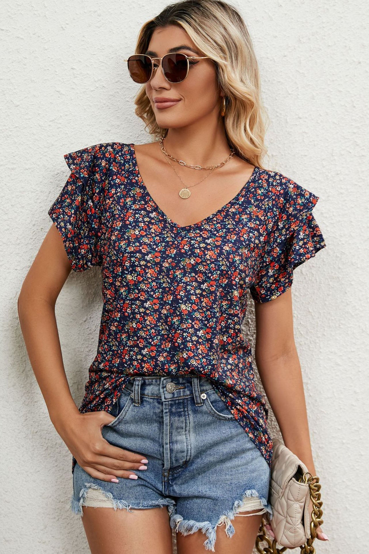 Floral Print Ruffle Tiered Sleeve Blouse