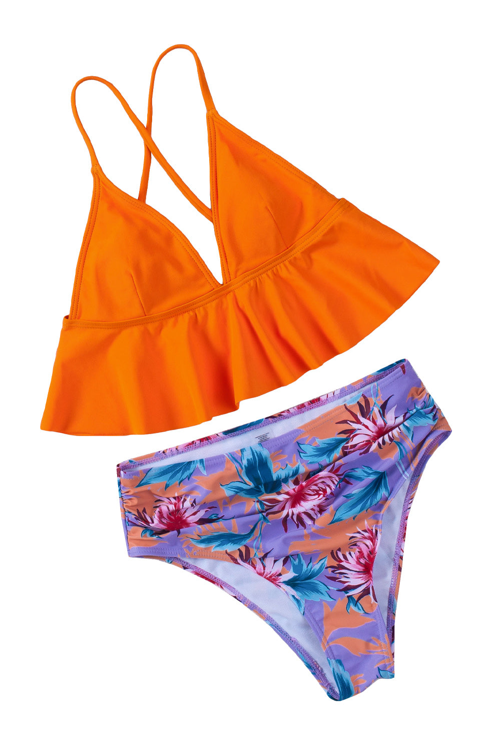 Floral Print Ruffled Criss Cross Spaghetti Strap Bikini Swimsuit