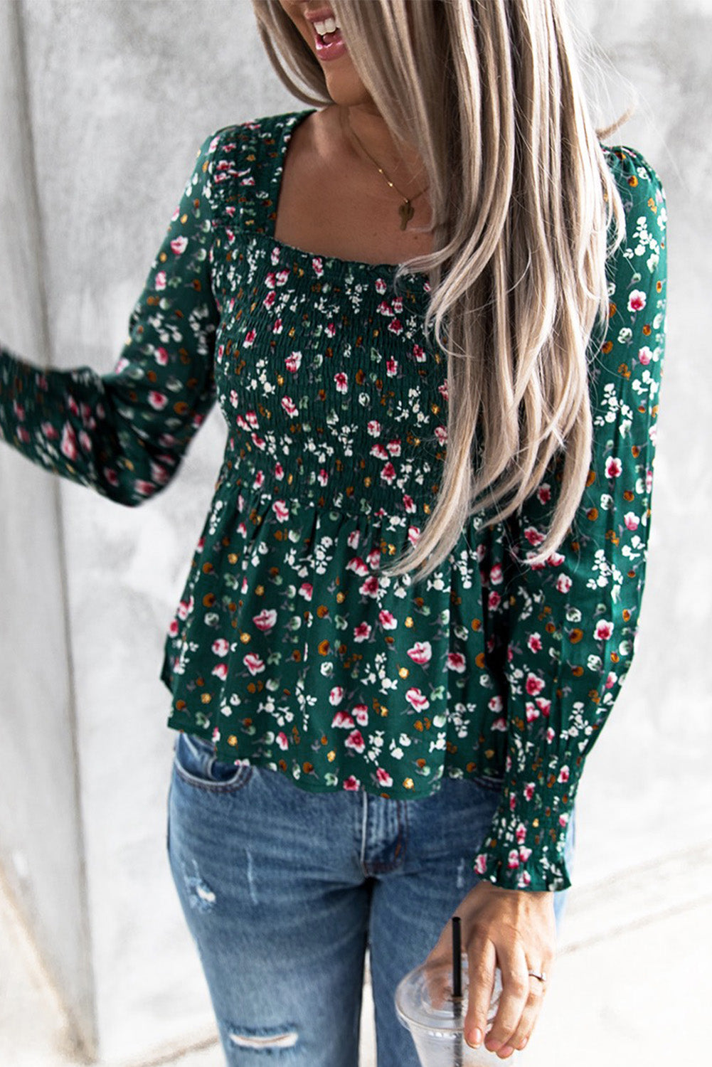 Floral Print Smocked Lace-Up Square Neck Long Sleeve Top