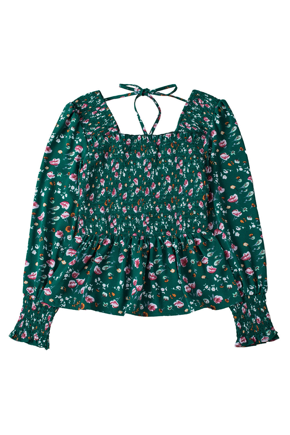 Floral Print Smocked Lace-Up Square Neck Long Sleeve Top