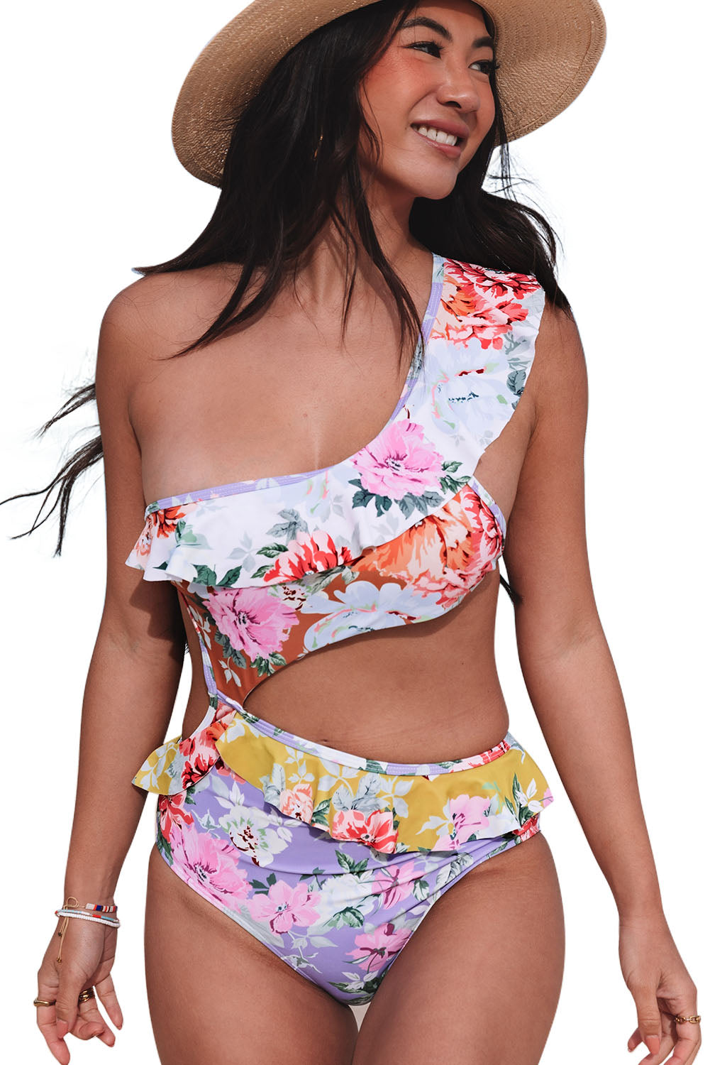 Floral Printed Asymmetric Cutout Ruffle One Piece Swimsuit