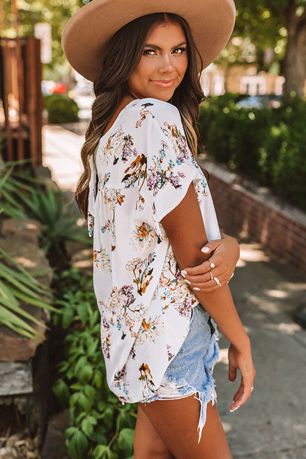 Floral Ruffled Short Sleeve Back Knot Blouse
