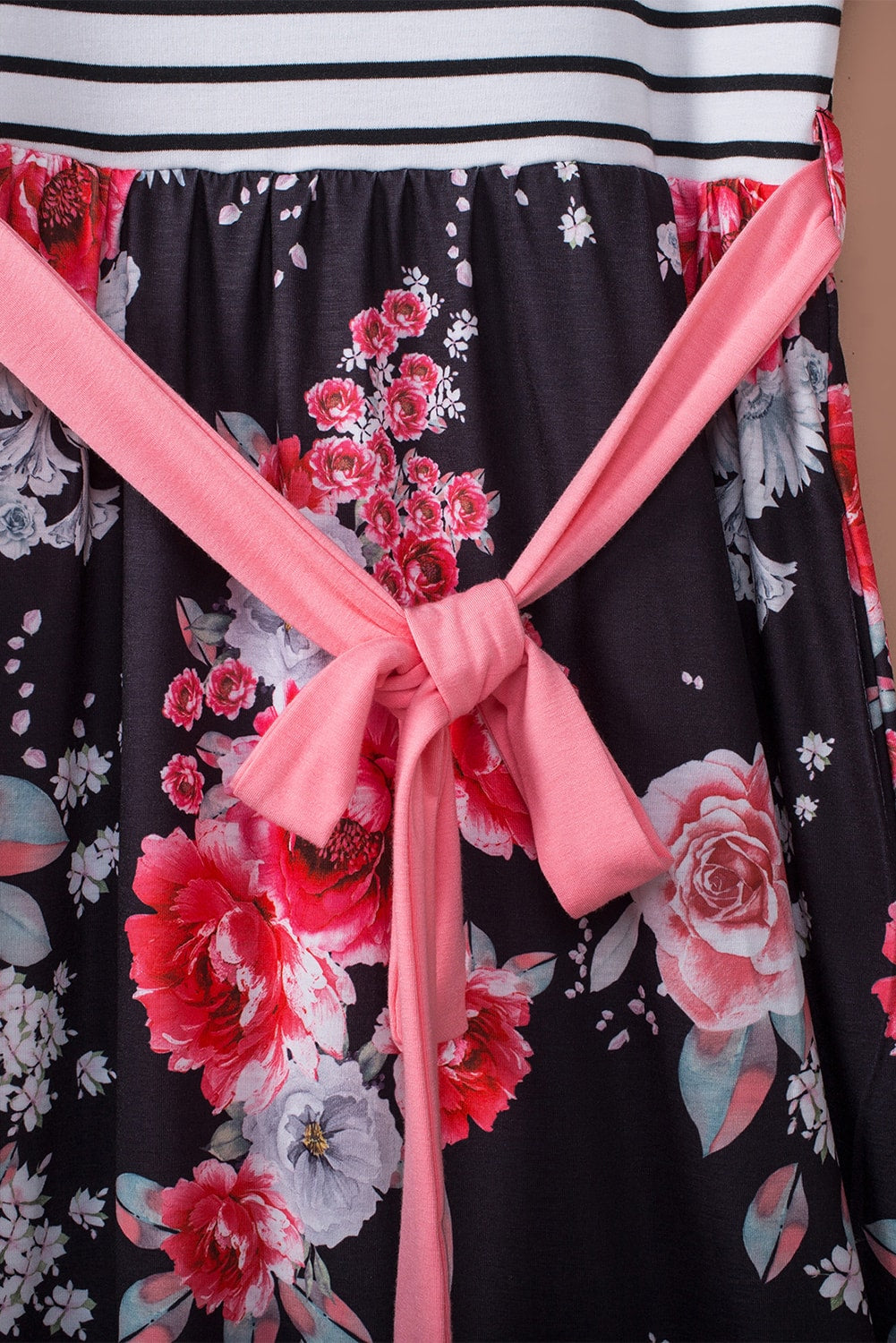 Floral Striped Color Block Lace-Up High Waist Maxi Dress