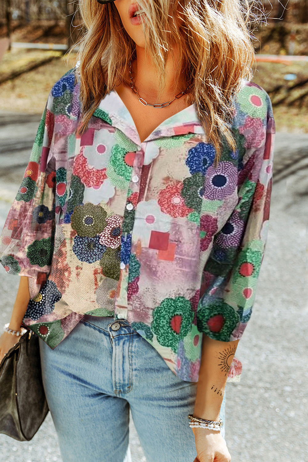 Floral V-Neck 3/4 Sleeve Button Down Shirt