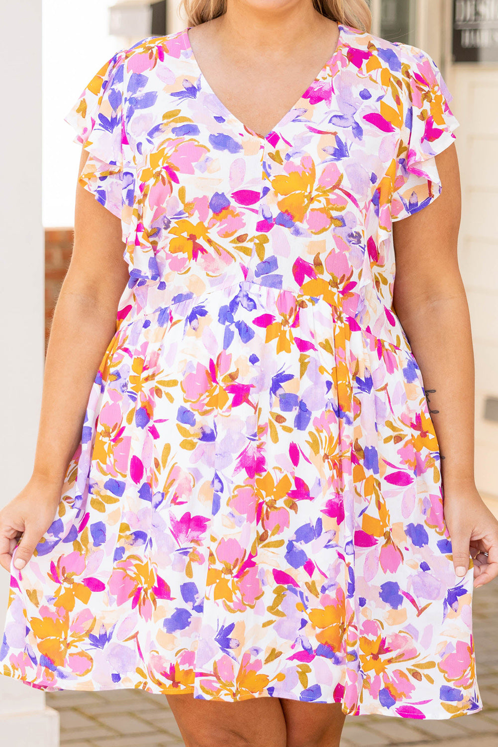 Floral V-Neck Ruffled Sleeve Plus Size Dress