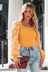 Flower Puff Sleeve Ribbed Knit Top