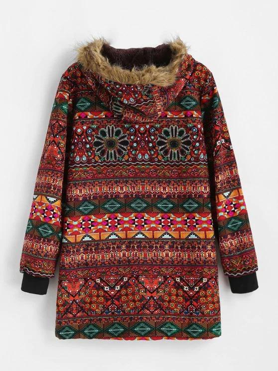 Fur Collar Fleece Lined Tribal Print Coat