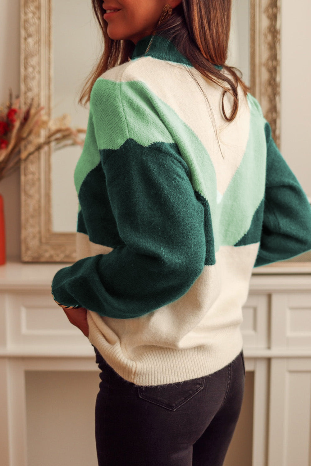 Green Geometric Color Block Knit Button V Neck Sweater