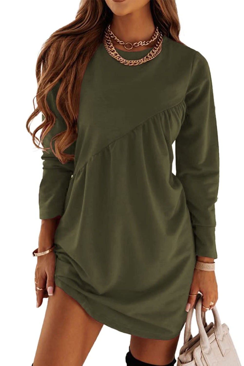 Green Irregular Seam Detail Long Sleeve T-Shirt Dress