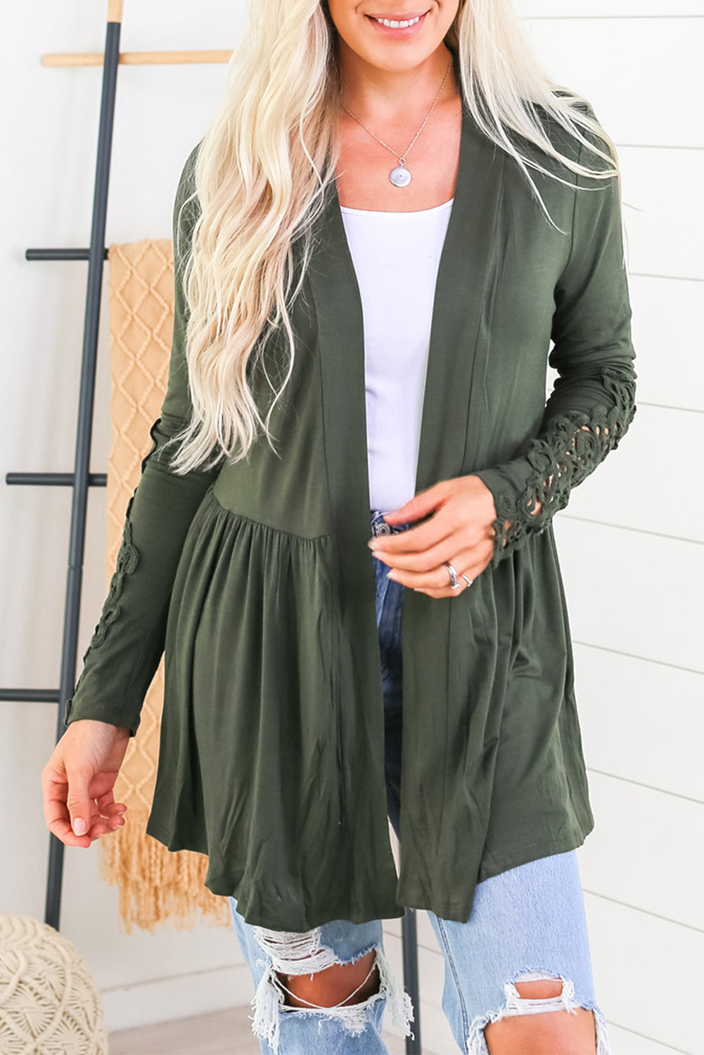 Green Lace Sleeve Knit Cardigan
