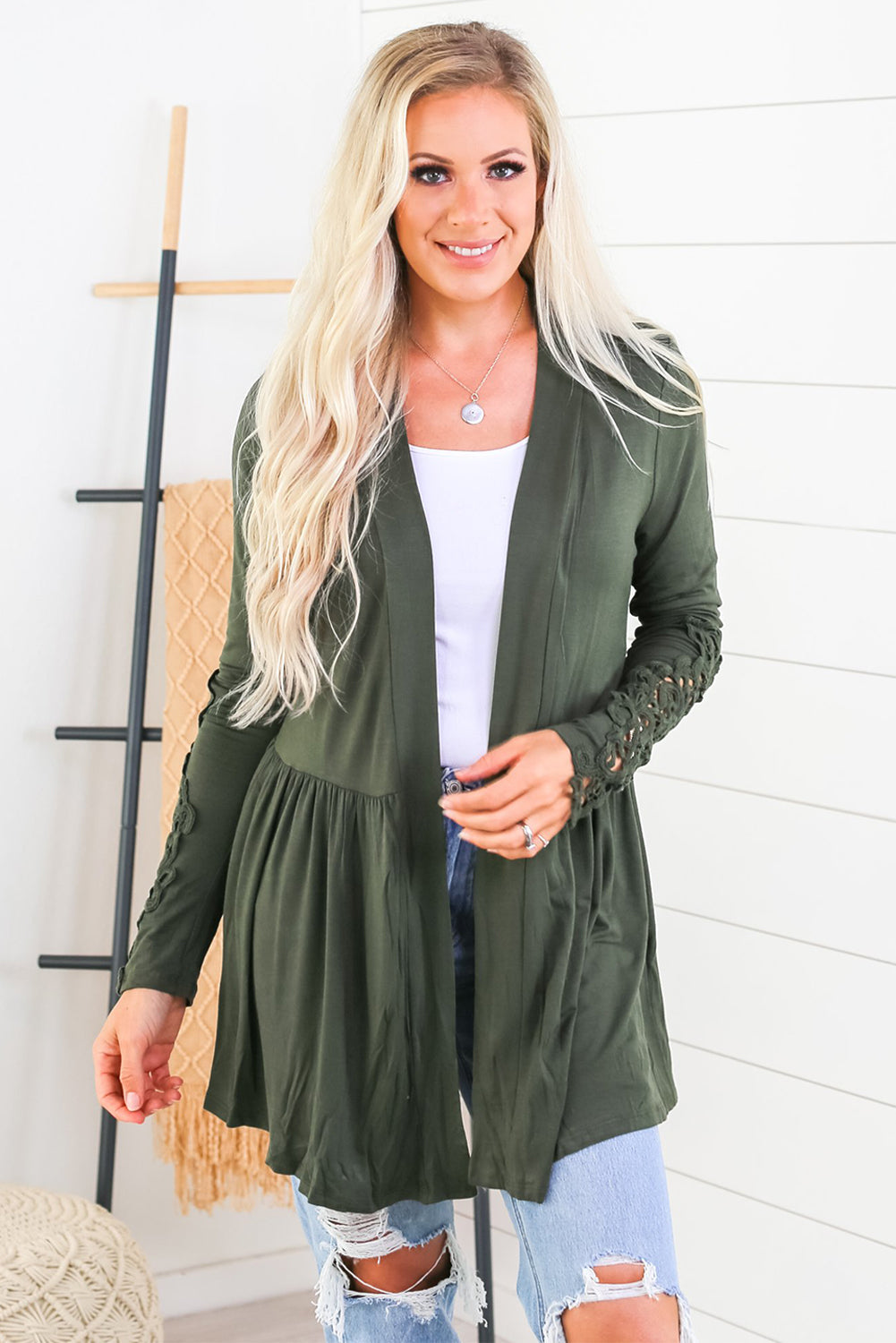 Green Lace Sleeve Knit Cardigan